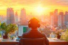 Foto: Mann mit Laptop und Skyline